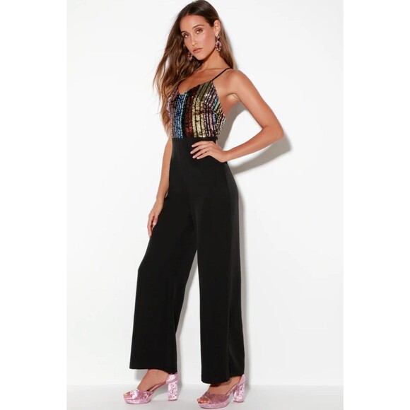 Shine and Dandy Black Multi Rainbow Sequin Jumpsuit Size Small - Picture 3 of 12